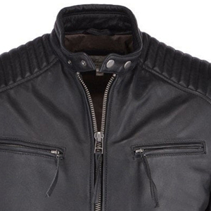 Veste moto en cuir véritable pour homme, col montant, fermeture éclair, couleur unie, coupe classique, pour l'automne - Product Image 4