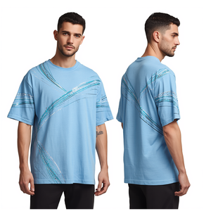 T-shirt oversize pour homme en coton bleu ciel avec strass et motif graphique dynamique – Vêtement tendance - Product Image 4