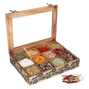 Boîte à épices traditionnelle indienne artisanale en bois de manguier, 5 compartiments, compatible lave-vaisselle et lavage à la main, écologique, anti-poussière - Product Image 1