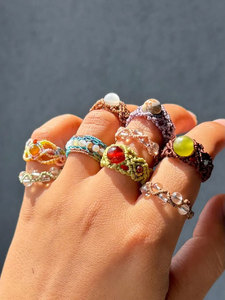 Dendritic Agate Macrame <b>Ring</b> White Brown Gem Lavender Cord <b>Adjustable</b> Boho Handmade Healing Jewelry - Product Image 5