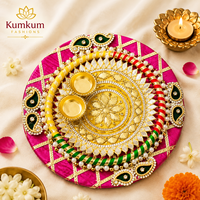 Ensemble de thali de Pooja artisanal de créateur, plateau à Kumkum en bois et métal, écologique, pour fêtes, mariages, cadeaux de pendaison de crémaillère et souvenirs