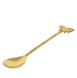 Cuillère à dessert en laiton plaqué or, poli miroir, avec manche entièrement gaufré motif palmier, idéale pour mariages, usage domestique et hôtelier de luxe - Product Image 1