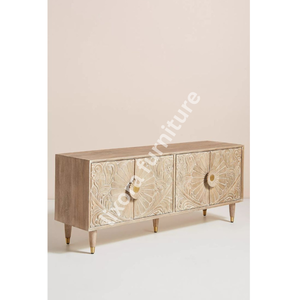Midcentury Modern Wood <b>TV</b> <b>Stand</b> With Floral Carving Storage Cabinet Living Room Furniture - Product Image 2
