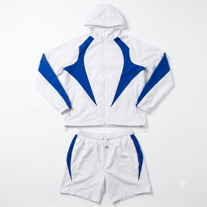 Conjunto Deportivo de Chaqueta Cortavientos con Capucha y Pantalones Cortos para Hombre, Color Blanco y Azul, de Secado Rápido, para Verano, Estilo Urbano, Venta al Por Mayor - Product Image 1