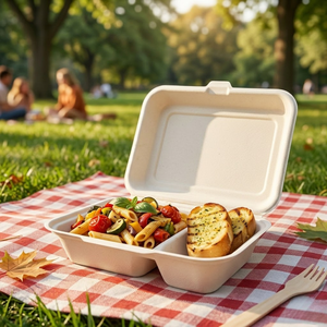 Caja desechable de bagazo tipo clamshell de 6x6 pulgadas |   Contenedor de Alimentos para Llevar, Ecológico y Compostable, Hecho de Pulpa de Caña de Azúcar, para Uso en Restaurantes - Product Image 2