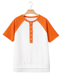 Women White Orange Raglan Sleeve Henley T Shirt Cotton Blend Short Sleeve Casual Summer <b>Top</b> Trendy Comfortable Lightweight Wear - Product Image 1