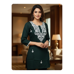 Kurti Corto Bordado Chikan para Mujer, Ropa Tradicional India, Tela de Rayón de Primera Calidad, Moda Diaria y para Fiestas - Product Image 3