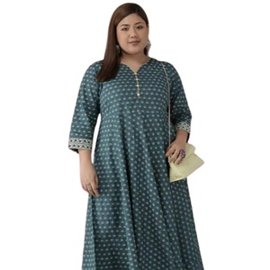 Wholesale Plus Size Cotton Floral Printed Anarkali Kurti Green Colour <b>Flared</b> Comfortable Summer Women's Wear - Product Image 1