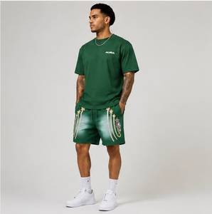 Shorts Bermuda Verts Imprimés Alpha pour Hommes avec Motif Étoile, Taille Élastique Décontractée, en Coton Respirant, Brodés - Product Image 6
