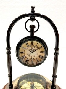 Vintage Antique Brass Nautical <b>Desk</b> Table <b>Clock</b> with Compass Wooden Base Top London Style Decorative Home Office Timepiece - Product Image 2