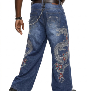 Men's Wide Leg Denim <b>Jeans</b> High Waist Loose Fit <b>Embroidered</b> Dragon Floral Pattern Hip Hop Streetwear Style Stonewashed Cotton - Product Image 5