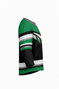 Jersey de Hockey sobre Hielo para Hombre, Verde, Negro y Blanco, con Rayas, Manga Tres Cuartos, Cuello en V, Absorbente de Humedad, Sublimado - Product Image 1