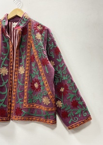 Hand Embroidered Suzani Velvet Bomber Jacket Stand Collar Full Sleeve Floral Pattern All Seasons Women's Wool Blend - Product Image 2