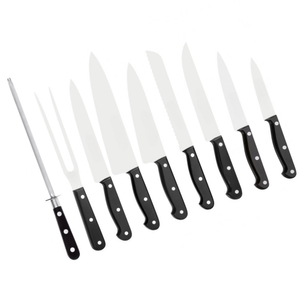 Ensemble de 9 couteaux de cuisine avec lames en acier inoxydable, manches rivetés noirs, bloc de rangement en bois et aiguiseur en acier - Product Image 4