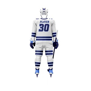 Camiseta de Hockey sobre Hielo Personalizada para Hombre, Blanca con Rayas Azules, Manga Larga, Impresión Sublimada, Transpirable, Poliéster, Corte Regular, para Adultos - Product Image 1