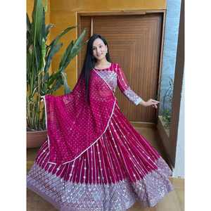 ATTRACTIVE GEORGETTE FIL À BRODER ZARI TRAVAIL LEHENAG CHOLI AVEC DUPATTA ROSE - Product Image 1