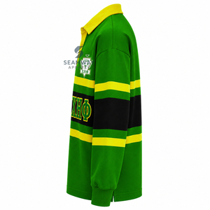 Camiseta de rugby oversize para mujer Chi Eta Phi con bloques de color, manga larga, cuello polo y letras griegas bordadas, estilo universitario. - Product Image 3