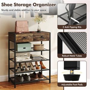 Multifunctional 5-<b>Hook</b> Coat Rack and 2-Drawer Shoe Stand with 4 Mesh <b>Shelves</b> Entryway Storage Solution - Product Image 3