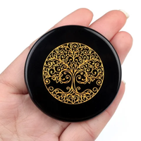 Plaque de Recharge Ronde en Obsidienne Noire Naturelle avec Gravure Soleil Doré et Œil Protecteur, Disque de Purification en Cristal pour Guérison Reiki