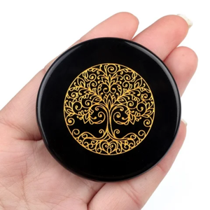 Placa de Carga Redonda de Obsidiana Negra Natural con Diseño Grabado de Sol Dorado y Ojo Turco, Disco de Limpieza de Cristal, Sanación Reiki - Product Image 3