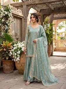 Nuevo Conjunto de Fiesta para Mujer de Diseñador, de Seda Pesada con Bordado y Lentejuelas, Top, Sharara, Plazzo y Dupatta, para Todas las Estaciones, Sin Arrugas - Product Image 4