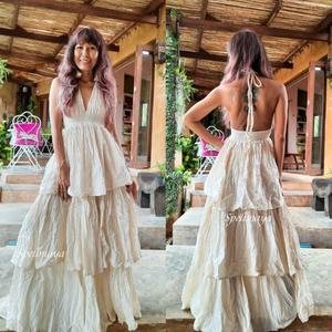 Vestido de Novia Premium con Volantes, Vestido de Novia Blanco, Vestido Maxi Bohemio con Capas, Vestido Maxi con Volantes para Embarazadas, Vestido de Novia con Escote en V Profundo - Product Image 2