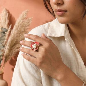 Bague en acier ajustable avec perle florale pour femmes et filles, bijoux élégants incrustés - Product Image 5