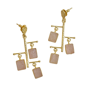 Pendientes Colgantes de Cuarzo Rosa en Bruto, Hechos a Mano, Chapados en Oro de 18K, Estilo Bohemio - Product Image 6