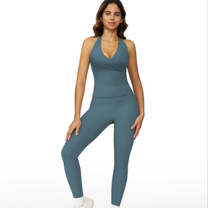 Latest Active Shorts Sports Backless Bra Women's Yoga Set Solid Pattern Quick Dry Four-Way Stretch High Waist Gym Set - Product Image 1