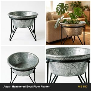 Macetero de suelo de hierro galvanizado hecho a mano de 30 cm, Aasan, con acabado martillado de zinc, cuenco ancho y poco profundo, material PP, decoración para el hogar - Product Image 6