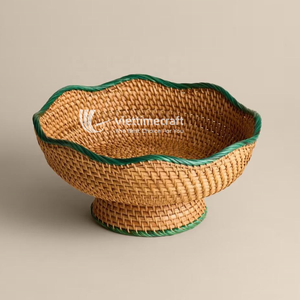 Green Bohemian Handmade Scalloped Rattan Pedestal Bowl Eco-friendly Tiered Centerpiece <b>for</b> Home Dining <b>Table</b> and Party Decor - Product Image 3