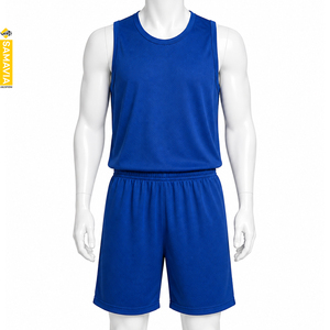 SAMAVIA Men's Blue Solid Front Customizable Basketball Jersey Set Sleeveless Tank <b>Top</b> Shorts Moisture Wicking Breathable Quick - Product Image 1