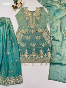 Top Quality Fancy Silk with Embroidery Beads-<b>Sequin</b> work & Fancy Border Suit-<b>Flared</b> Plazzo-Matching Dupatta Set Indian Supplier - Product Image 4