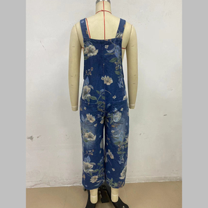 Salopette en jean à imprimé floral pour femme, coupe ample, taille haute, jambe large, avec poches, style bohème, longueur mi-mollet - Product Image 4