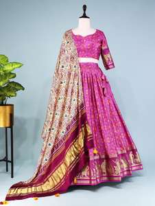 Traje Tradicional Formal del Sur de la India, Lehenga Choli de Seda Kanchipuram, Tejido Zari, Dupatta de Encaje Georgette, para Fiestas y Bodas - Product Image 3