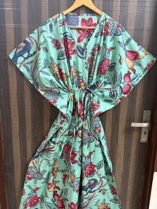 Women Mint Floral Bird Print 100% Cotton Breathable <b>Kaftan</b> Dress Handmade Regular Fit Boho <b>Summer</b> Daily Resort Wear - Product Image 1