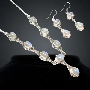 Parure de bijoux en argent sterling 925 avec pierre de lune arc-en-ciel, collier et boucles d'oreilles, design chaîne ovale, sertissage clos, bijoux pour femme - Product Image 3