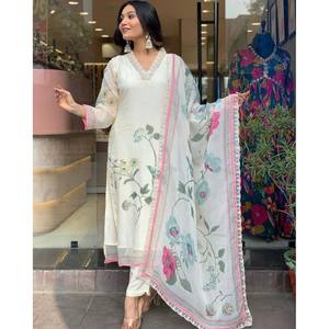ATRACTIVE TABBY SILK DIGITAL PRINT WORK TOP BOTTOM CON DUPATTA OFF WHITE - Product Image 1