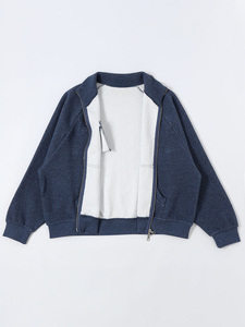 Men's Navy Blue Fleece <b>Jacket</b> Stand Collar <b>Zipper</b> Front Casual Knitted Outerwear Regular Fit Solid Color <b>Pocket</b> Design Autumn - Product Image 5