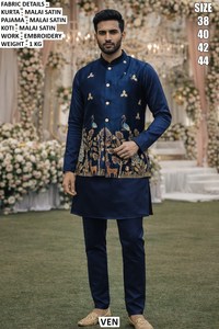 Royal Peacock <b>Blush</b> Bandhani Traditional Floor-Length Malai Satin Regular Fit Men's Kurta Set for Party Occasions Quick Dry - Product Image 4
