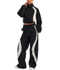 Conjunto Deportivo de Dos Piezas para Mujer, Estilo Y2K, Bloques de Color Blanco y Negro, Transpirable, Ligero, con Cremallera en las Mangas Largas, Corte Holgado, para Verano - Product Image 1