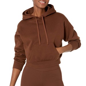 Sweat-shirt à capuche marron pour femme, coupe courte, manches régulières, couleur unie, en coton tricoté, pour l'automne - Product Image 1