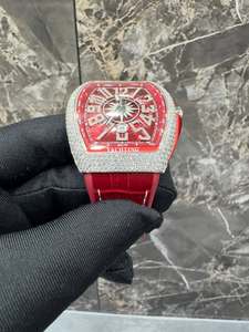 Diamond Inlaid Mechanical <b>Watch</b> 28mm Tonneau Dial Analog Red <b>Rubber</b> Strap Luminous Pointer Style for Men - Product Image 3