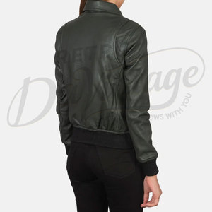 Women's <b>Leather</b> Women Dark Green <b>Real</b> <b>Leather</b> <b>Jacket</b> Shirt Collar Slim Fit Premium Cow Skin Casual Winter Bomber Style Outerwear - Product Image 6