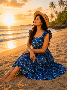 Women's 100% Cotton Floral Print Maxi Dress Blue Boho Beach <b>Spaghetti</b> Strap A-Line Breathable Summer Casual OEM ODM Manufacturer - Product Image 6