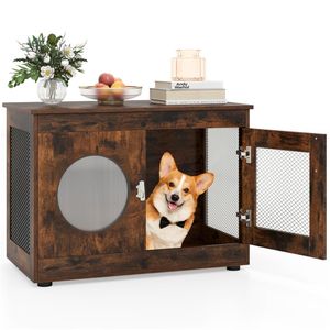 Table d'appoint rustique marron 2-en-1 pour cage à chien, capacité 88 lb, 32,5"x18,5"x23,5", style ferme, pour usage intérieur/extérieur, pour crabe ermite - Product Image 1