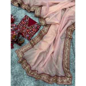 Sari traditionnel chinois de créateur, magnifique broderie de sequins et de cordons avec bordure en dentelle - Product Image 3