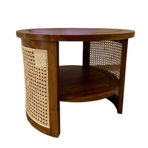 Lounge Area Teak Wood Round <b>Coffee</b> <b>Table</b> with Shelves Savana Rattan Combination Elegant Storage Design for Home Use - Product Image 4