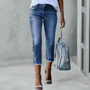 Jeans courts pour femmes à ourlet effiloché, coupe slim droite, en denim extensible, décontractés, hiver, 100% coton, séchage rapide - Product Image 3