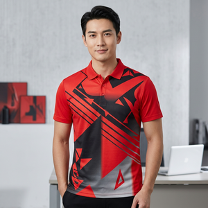 Polo à manches courtes pour homme, imprimé géométrique, rouge, noir, gris, séchage rapide, polyester, coupe sportive, ajustée - Product Image 4